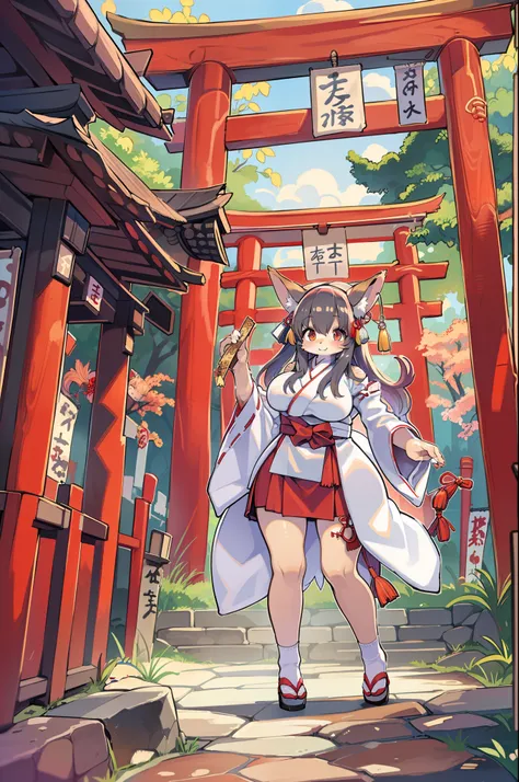 Fox Woman、body covered with fur、huge-breasted、kawaii、shrine maiden、Japan white clothes,Red Hakama、torii gate,summer day、From below、Wide Shot、Very Wide Shot、A big smile、bbw、thick thight、big butts、Ultramammy