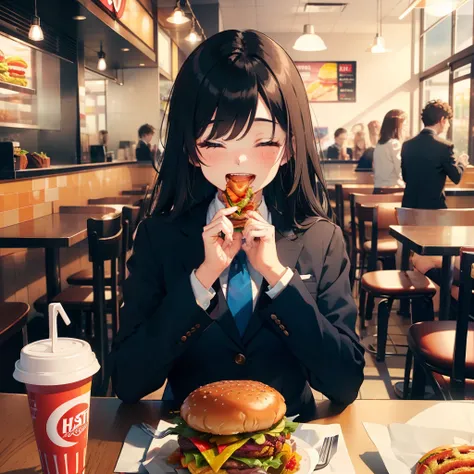 1 beauty, Female college student, Watery Big Eyes，blazer and tie, (Happy smile)，long eyelasher, Blushlush，Black Perm Hair,At the table in a fast food restaurant, (Close your eyes, Smile and open your mouth wide), ((Gnawing on a grabbed hamburger with both ...