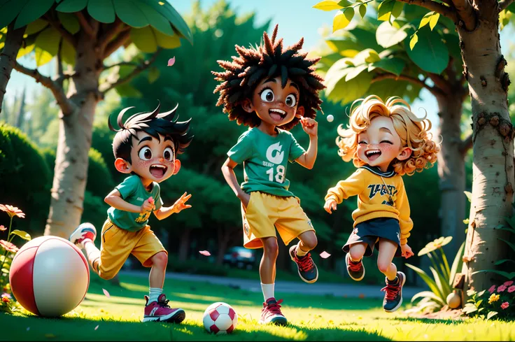 RAW photo, best, masterpiece, best quality, high quality, extremely detailed, illustration, ((two boys playing ball: 1.42)), colorful, cheerful, playful, garden, friends, sunny day, green grass, blue sky , bright colors, active, energetic, happy expression...