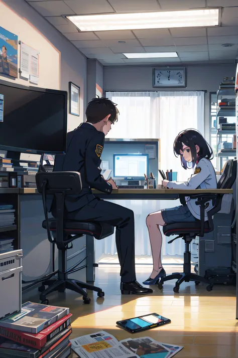 police station，1boys，1girll，Record a confession，The girl narrates，Boy Record，Sit face to face，Computer desk，eye glass，Asian people，Day wind