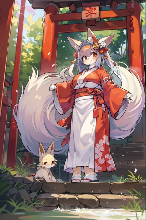 Fox Woman、body covered with fur、huge-breasted、kawaii、shrine maiden、Japan white clothes,Red Hakama、torii gate,summer day、From below、Wide Shot、A big smile、bbw、thick thight、big butts、Ultramammy