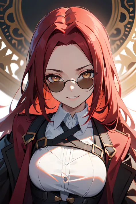 1girl, young woman, solo, long hair, big hair, (forehead:1.2), (round sunglasses:1.2), yellow eyes, (scarlet red hair), medium breasts, grin, (overcoat, black coat, open coat:1.2), white shirt, collared shirt, (chest harness, shoulder strap:1.15), black le...