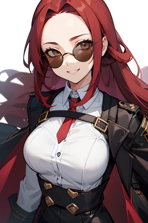 1girl, young woman, solo, long hair, big hair, (forehead:1.2), (round sunglasses:1.2), yellow eyes, (scarlet red hair), medium breasts, grin, (overcoat, black coat, open coat:1.2), white shirt, collared shirt, (chest harness, shoulder strap:1.15), black le...