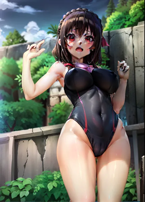 Make an artwork of the yunyun character, do anime konosuba, usando um maio preto, seios enormes, coxas sexy, at a cross-country swimming club.