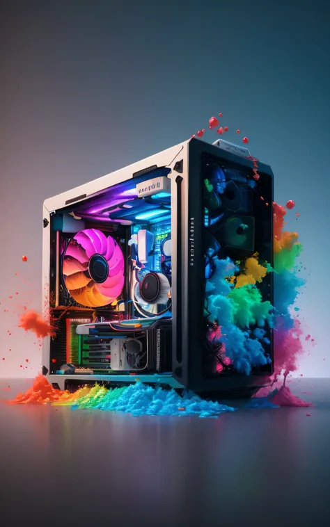 a closeup of a computer case with colored powder on it, watercooling, liquid cooling, design fractal, liquid cooled desktop, Jogos para PC, PC para jogos, Capa para PC para jogos, Computadores para jogos, computer rendering, computador personalizado, tela ...