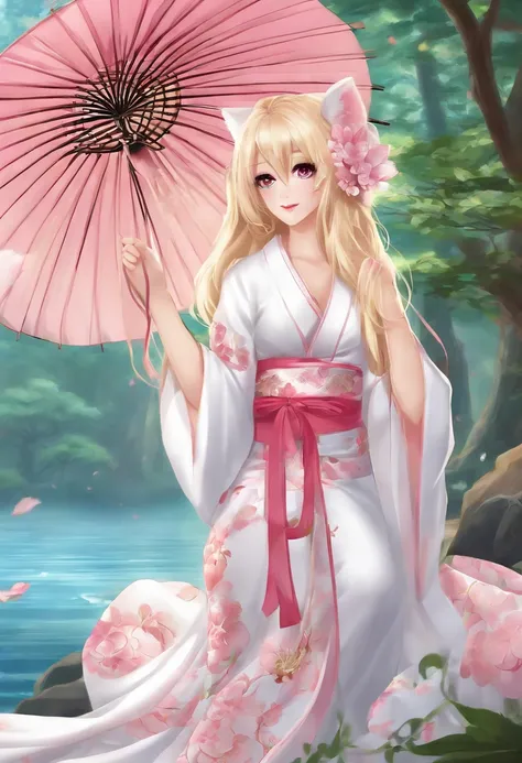 An adult nine-tailed kitsune with long, blonde hair, pink eyes and glossy pink lips. Her clothes resemble a quite expensive look wearing a tight and short, white kimono with flower patterns, which hugs and covers her perfect curves, showing off the size of...