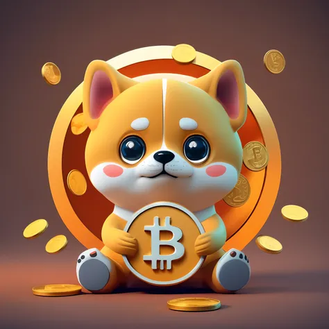 a cartoon dog holding a bit coin in front of a coin wheel, doge, isometric 3d fantasy cute dog, cute 3 d render, cryptocurrency, crypto, shibu inu, anthropomorphic shiba inu, satoshi, shiba inu, 3 d render stylized, very stylized, stylized digital illustra...