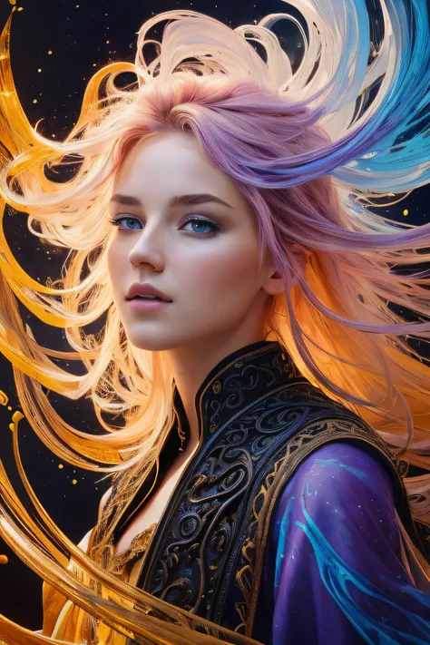 Colorful beautiful girl: a giru 18-years old, messy hair, oil painting, nice perfect face with soft skinice perfect face, blue yellow colors, light purple and violet additions, light red additions, intricate detail, splash screen, 8k resolution, masterpiec...