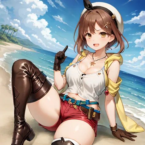 liza, 1girl in, solo, shorts, gloves, belt bag, hat, head ribbon, jewelry, red shorts, brown hair, thighs thighs thighs thighs, ...