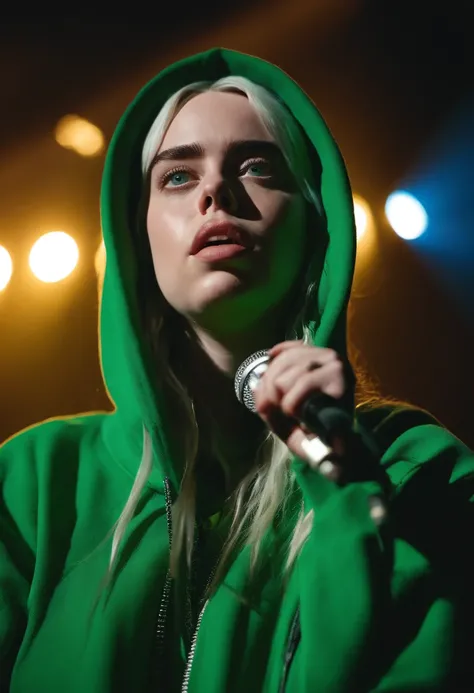 billie eilish with long wavy hair, wearing a vibrant green oversized hoodie tands confidently on stage under dazzling spotlights. Her captivating blue eyes shine with intensity as she passionately sings into the microphone