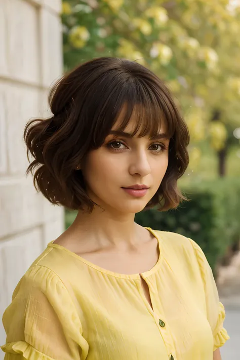 portrait, 35yo brunette italian girl, joetega, reverse bob haircut, sultry flirty look, wearing a yellow shirt, messy bun, 8k, best quality, masterpiece, (looking into camera:1.3), photograph, (beautiful)