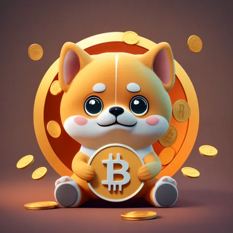 a cartoon dog holding a bit coin in front of a coin wheel, doge, isometric 3d fantasy cute dog, cute 3 d render, cryptocurrency, crypto, shibu inu, anthropomorphic shiba inu, satoshi, shiba inu, 3 d render stylized, very stylized, stylized digital illustra...