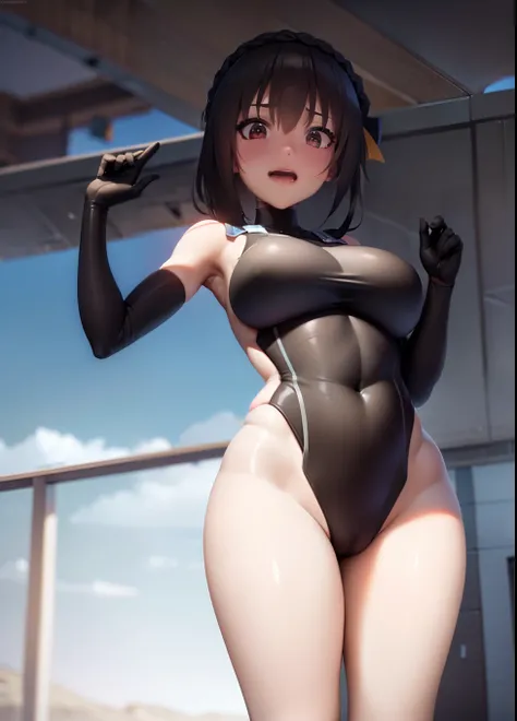 yunyun character,anime konosuba,black swimsuit,huge breasts,sexy thighs,cross-country swimming club,(best quality,4k,8k,highres,masterpiece:1.2),ultra-detailed,(realistic,photorealistic,photo-realistic:1.37),HDR,UHD,studio lighting,ultra-fine painting,shar...