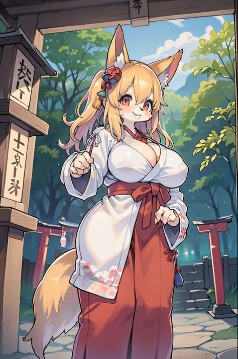 Fox Woman、body covered with fur、huge-breasted、kawaii、shrine maiden、Japan white clothes,Red Hakama、torii gate,summer day、From below、Wide Shot、Very Wide Shot、A big smile