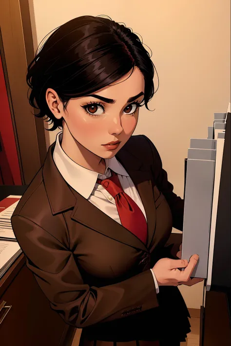 woman, short black hair, wearing a brown office jacket, red tie, brown office skirt, looking at files, no background,