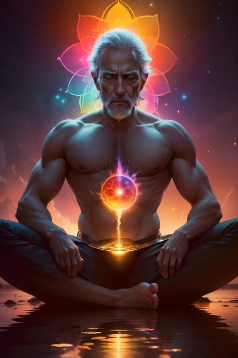 a colorslashh An explosion of colors, hiperrealista ,liquid,, Oldman sitting in a lotus position, Cosas complejas alrededor, intrincado en el fondo, espiritual, divino, dreamlike, cosmico, alucinante,  DIOS, pineal body, dream like,