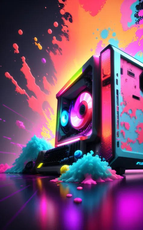 a closeup of a computer with a colorful burst of paint, cores do bipe, design fractal, colorido 8 k, Obra-prima Beeple, Skin no PC para jogos, watercooling, artistic rendering, bipe!!, colorful octane render, em estilo de bipe, Hybrid style beep blend, 4 k...