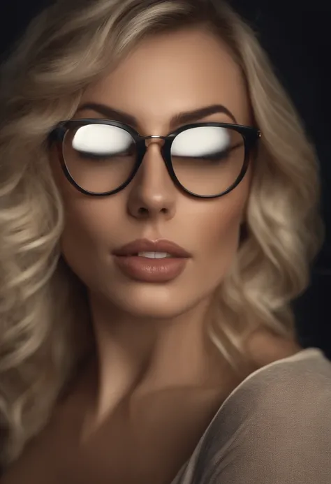 pretty sexy woman, 30 yo, natural huge tits, medium body, ((blond)), masterpiece, ultra detailed, realistic, highres, 8k, hyper realistic, highly detailed, glasses with black frame