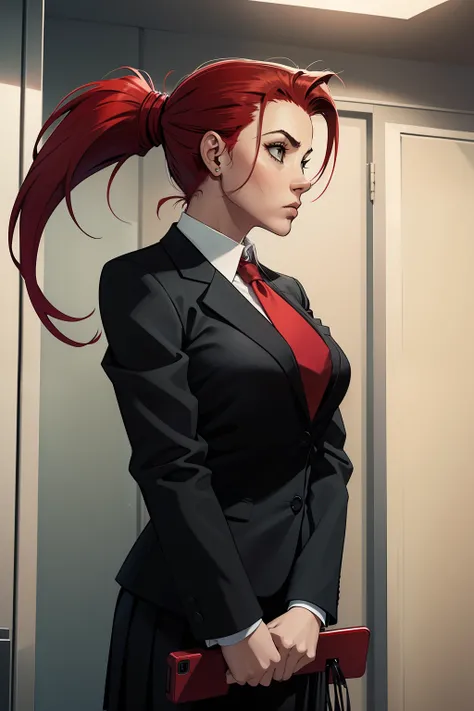 woman, red ponytail hair, wearing a black office suit, red tie,black office skirt, scared, fear, using a cell phone, dark, midnight