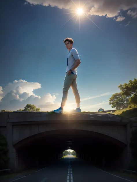 Change Background sky blue and white colouring, Sun light, bridge and road, green trees, handsome boy, realistic face,8k, ultra realistic.