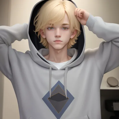 (1 Boy 1.2),Bob Hair,Cut your bangs,cute  face,a blond,Top image quality,(Masterpiece 1.2),​masterpiece,Beautiful fece,Wearing a hoodie with a geometric pattern