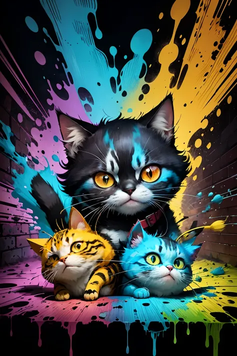 Draw a cat with a splashing face and a brush, Graffiti art by Jerzy Kossak, art  stations, shock art, vibrant cartoon art, toxic cat, style of jeff soto, !!!! cat!!!!, lan mcque, digital cartoon painting art, alex pardee, archan nair, splashed with graffit...