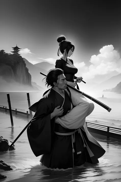 painting of monk Miyamoto Musashi carrying a mature women across the river ,black and white , manga , high contrast