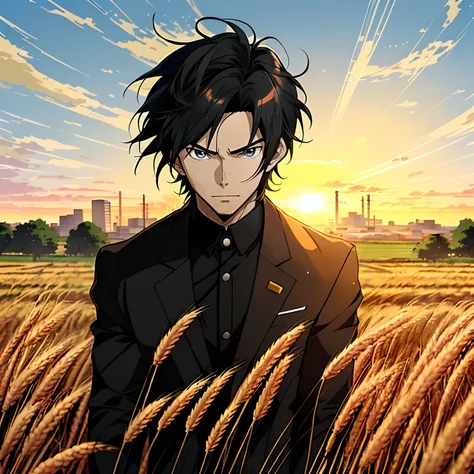 Anime boy in wheat field with sunrise background, Anime handsome man，Black color hair，Black eyes，Blackn clothes, Anime portrait of a handsome man, Official illustration, offcial art, young anime man, Key anime art,