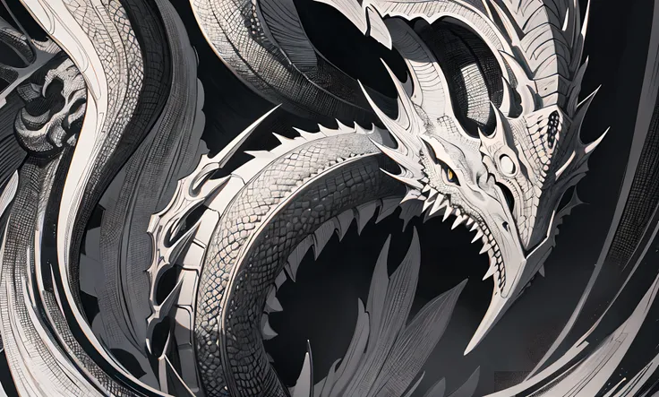 a close-up of a drawing of a dragon with a skull on it, highly detailed illustration.", Detailed digital illustration, Bon anniversaire, Hyper detailed illustration, highly detailed illustration, Hyper detailed illustration, contenu!!!, Very detailed lines...