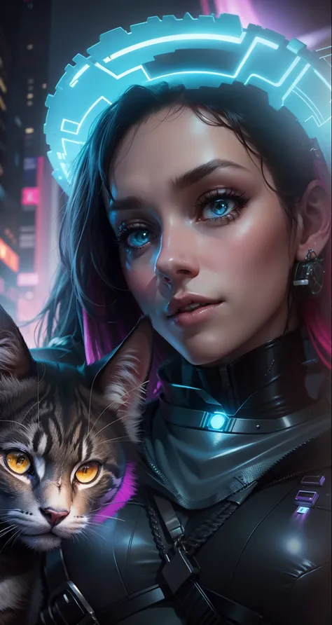 Change background cyberpunk sexy girl with a cat, realistic face, 8k, ultra realistic