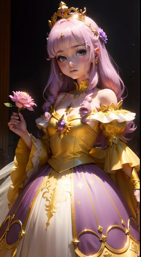 uma princesa  com  cabelos cor de rosa e  vestido com detalhes de brilho e mangas bulfantes , holding a magic flower in hand and yellow crown with stunning purple details . cenario um xastelo branco brilhante  hiper detalhista hiper colorido 8k