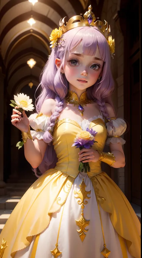 uma princesa  com  cabelos cor de rosa e  vestido com detalhes de brilho e mangas bulfantes , holding a magic flower in hand and yellow crown with stunning purple details . cenario um xastelo branco brilhante  hiper detalhista hiper colorido 8k