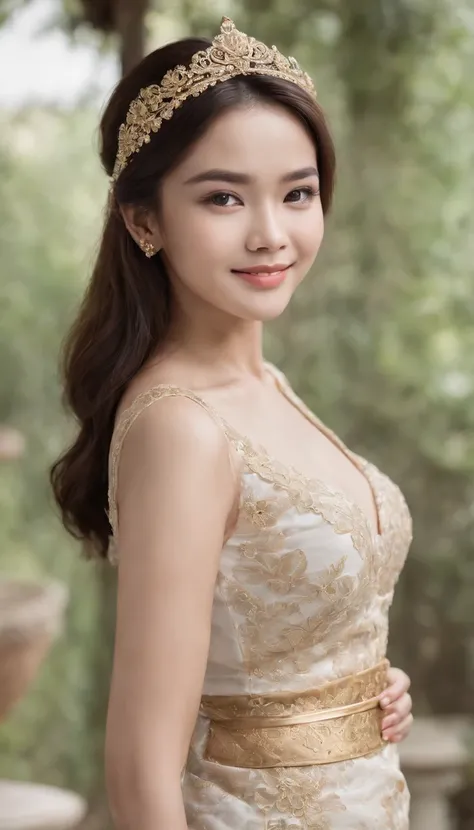 myth,argent,kebaya,Scroll,batik,sleeveless, treasure,universe, face the camera, smile, 19 year old girl, cute girl, beautiful girl, indonesian model, white healthy skin, delicate eyes, tied-up hair, ethnic earrings, gold tiara, full body photo, (sexy body:...