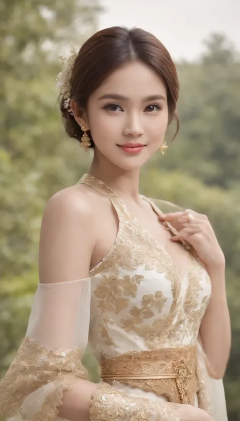 myth,argent,kebaya,Scroll,batik,sleeveless, treasure,universe, face the camera, smile, 19 year old girl, cute girl, beautiful girl, indonesian model, white healthy skin, delicate eyes, tied-up hair, ethnic earrings, gold tiara, full body photo, (sexy body:...