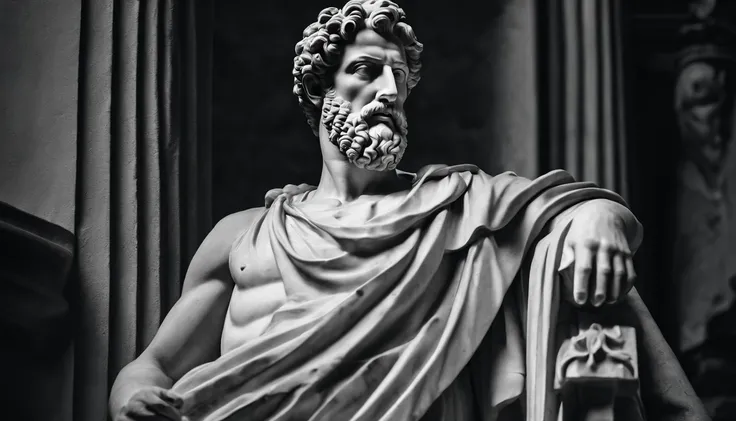 a portrait statue of the stoic Marcus Aurelius in black and white 4K,Face de lado, papel de parede super realista