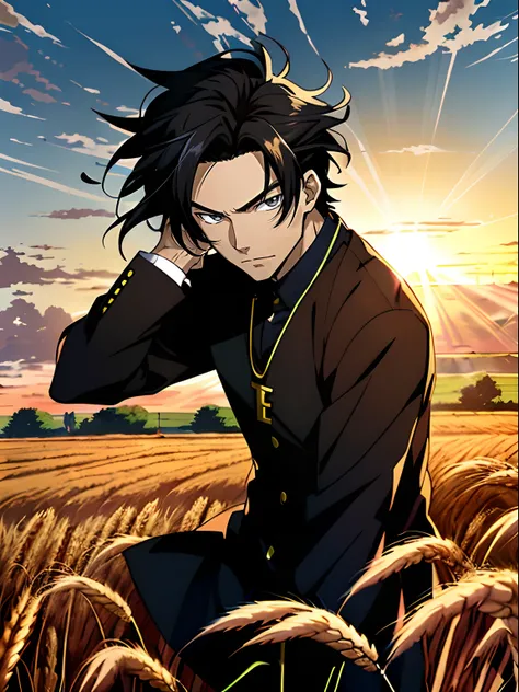 Anime boy in wheat field with sunrise background, Anime handsome man，Black color hair，Black eyes，Blackn clothes, Anime portrait of a handsome man, Official illustration, offcial art, young anime man, Key anime art,