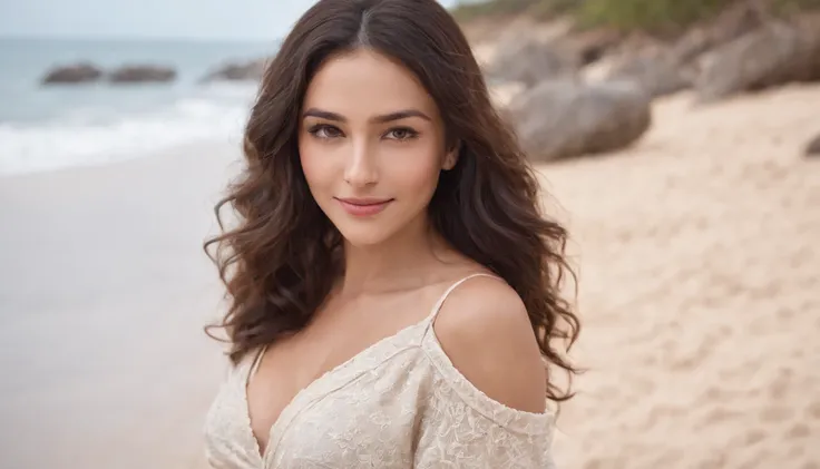 1 adult woman, long hair, curly hair, black hair, smooth skin, brown eyes, smiling, Occasional, sexy clothes, with background in a slightly blurred on the beach, super realistic 8k, super detailed and realist