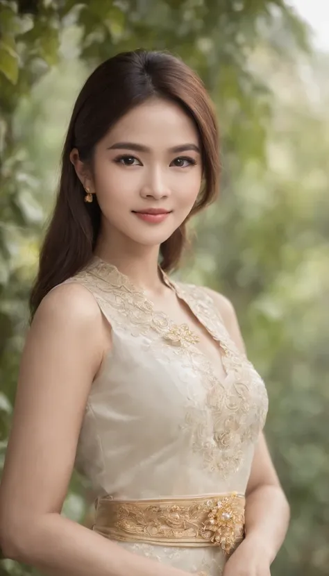 myth,argent,kebaya,Scroll,batik,sleeveless, treasure,universe, face the camera, smile, 19 year old girl, cute girl, beautiful girl, indonesian model, white healthy skin, delicate eyes, tied-up hair, ethnic earrings, gold tiara, full body photo, (sexy body:...