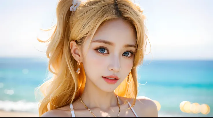 Ibiza Beach, sand, waves, 20 years old woman, Ultra-high clarity, Sharpness, Blonde woman posing for photo in blue eyes and white bra top, portrait of female korean idol, Gorgeous young Korean woman, beautiful south korean woman, With long hair and sharp e...