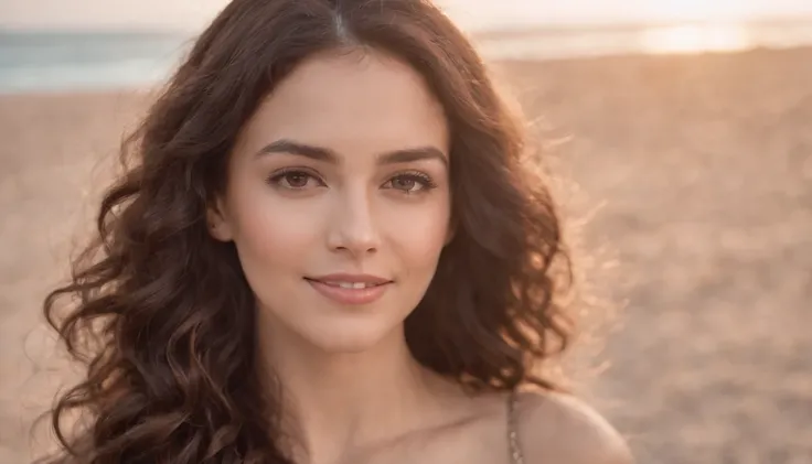 close up 1 adult woman, long hair, curly hair, black hair, smooth skin, brown eyes, smiling, Occasional, sexy clothes, with background in a slightly blurred on the beach, super realistic 8k, super detailed and realist