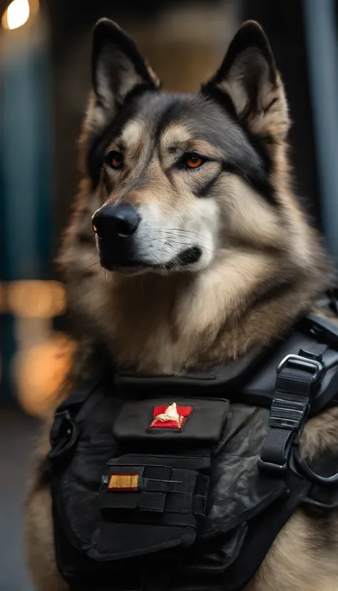 Um wolfdog monta um pavio de motocicleta，Rosto encantador，RIFLE IN HAND Wearing battle armor，Wear tactical glasses，Artilharia de metralhadora em motocicletas，Pule por uma cidade arruinada，The scene is great，Image is HD，O sentido visual do filme，4k