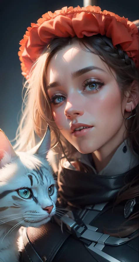 Change background sexy girl with a cat, realistic face, 8k, ultra realistic