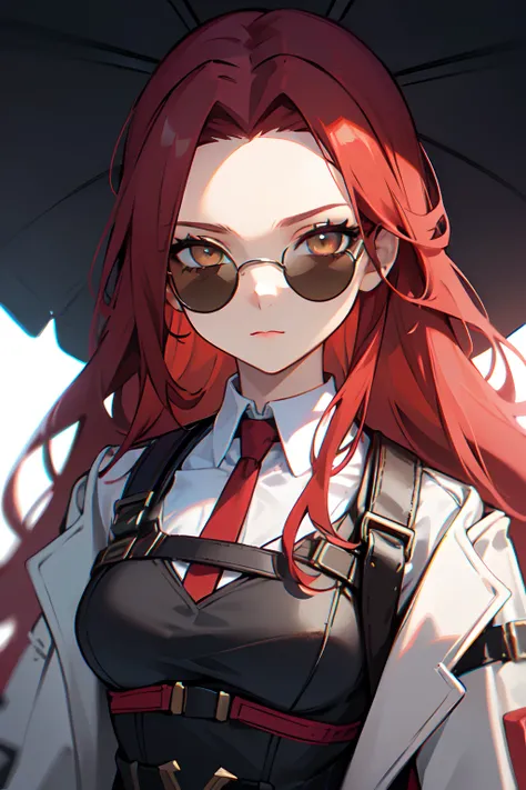 1girl, young woman, solo, long hair, big hair, (forehead:1.2), (round sunglasses:1.19), yellow eyes, (scarlet red hair), medium breasts, neutral, dark red lipstick, (overcoat, black coat, open coat:1.2), white shirt, collared shirt, (chest harness, shoulde...