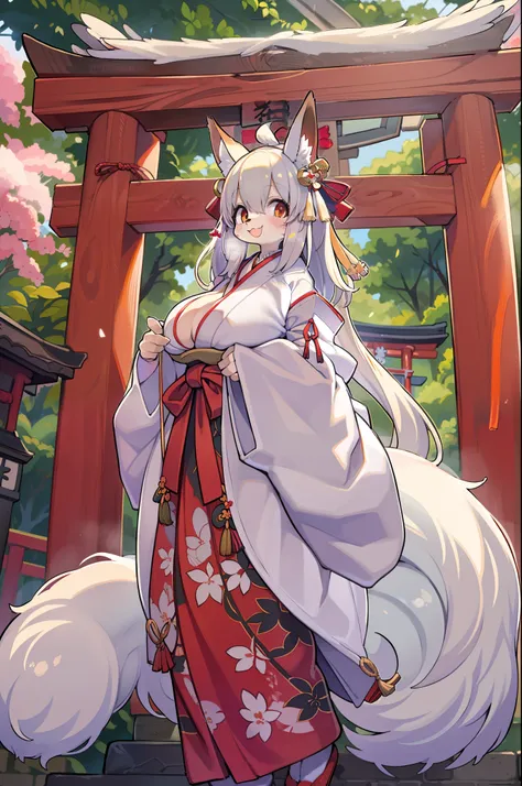 Fox Woman、body covered with fur、huge-breasted、kawaii、shrine maiden、Japan white clothes,Red Hakama、torii gate,summer day、From below、Wide Shot、Very Wide Shot、A big smile、bbw、thick thight、big butts、Ultramammy、the Nine-Tailed Fox