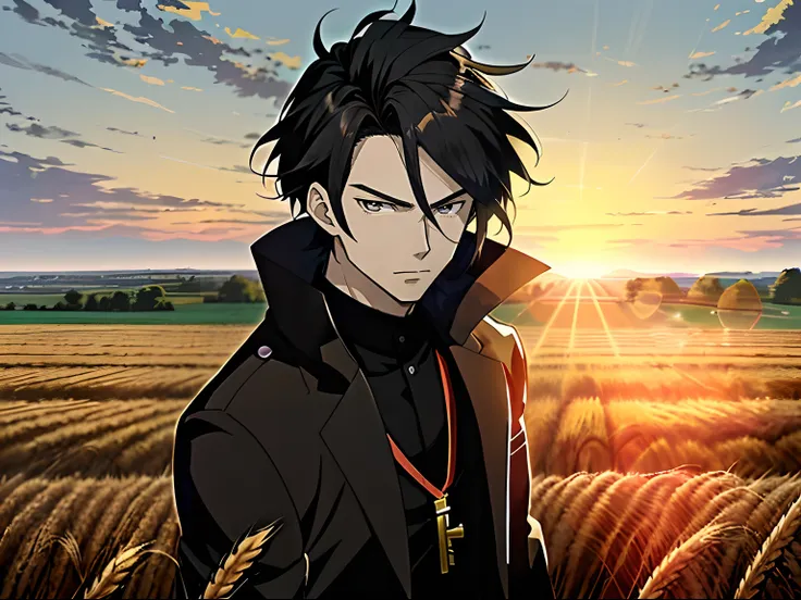 Anime boy in wheat field with sunrise background, Anime handsome man，Black color hair，Black eyes，Blackn clothes, Anime portrait of a handsome man, Official illustration, offcial art, young anime man, Key anime art,