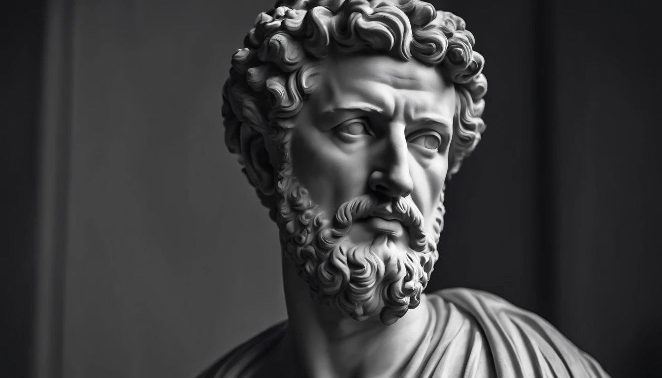 a portrait statue of the stoic Marcus Aurelius in black and white 4K,Face de lado, papel de parede super realista, corpo inteiro, corpo forte, musculoso, forte, sem camisa