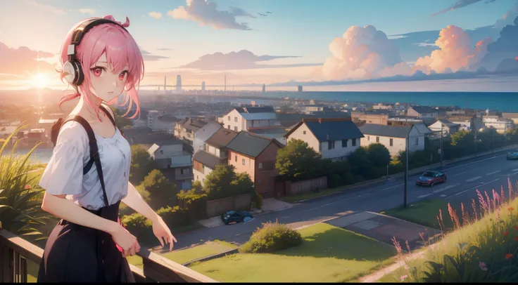 Large grasslands、landscapes、Movie stills、Sea、Sunset in the city（Spark：0.7）、Scenery like Makoto Shinkai、pink shorth hair、Pink eyes、headphones、kawaii