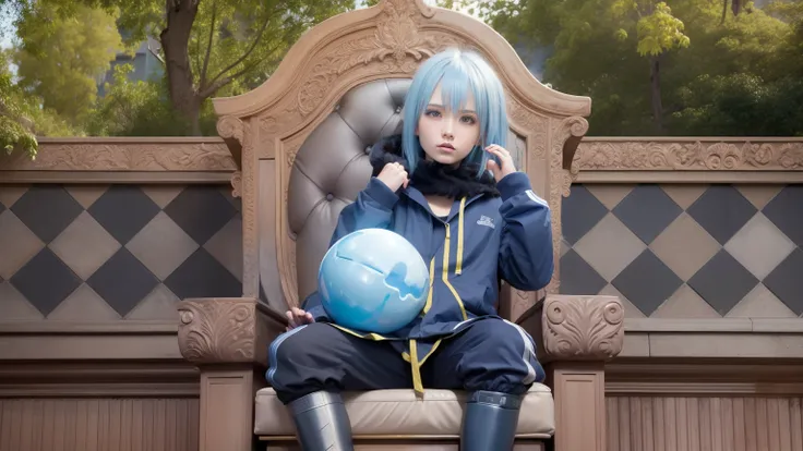 1girl, rimuru tempest, high detail, clarity, 8kk, throne of fire, young guy, 18 years old, light gray hair, short haircut, yello...