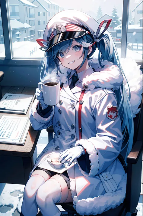 yukimiku2022, arctic, arctic base interior, window, snowy, holding a mug of hot chocolate, sitting down on an office chair, cold breath, technology, smiling, dnyamic pose, movement