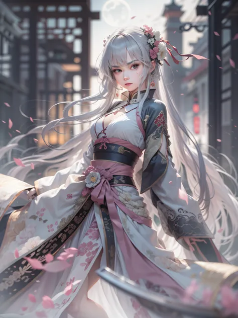 Masterpiece, Best, Night, Full Moon, 1 Female, Mature Woman, Chinese Style, Ancient China, Elder Sister, Royal Sister, Cold Face, Expressionless, Silver White Long Haired Woman, Light Pink Lips, Calm, Intellectual, Three Bangs, Gray Hitomi, Assassin, Long ...